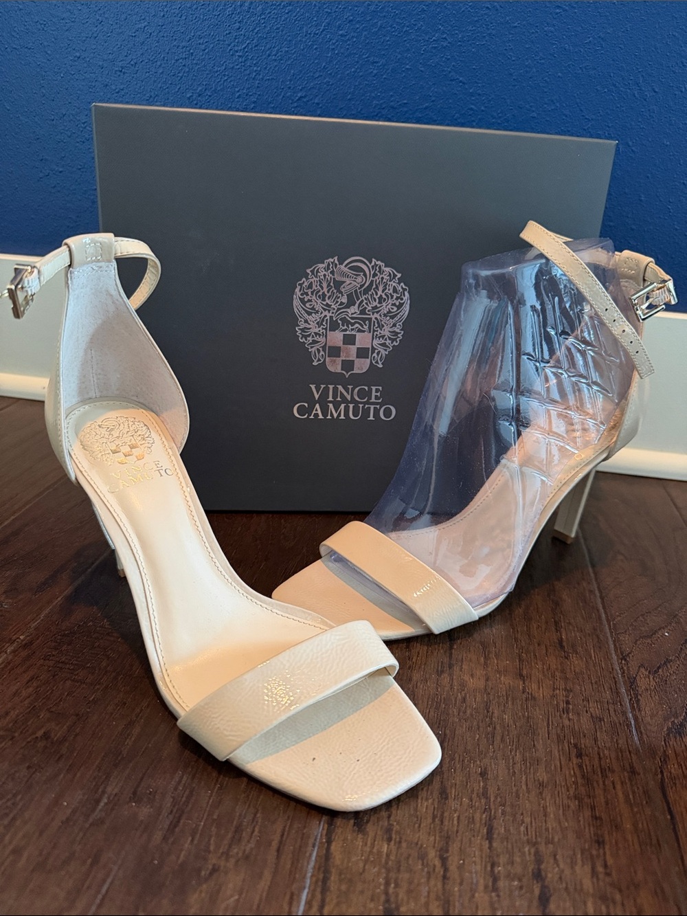 Vince Camuto Cream Open-Toe Ankle Strap Block Heels